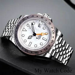 Explore Dual Time NH34 Orange GMT Mechanical Watch for Men Fixed Steel Bezel White Business Clock Sapphire Date 904L Bracelet