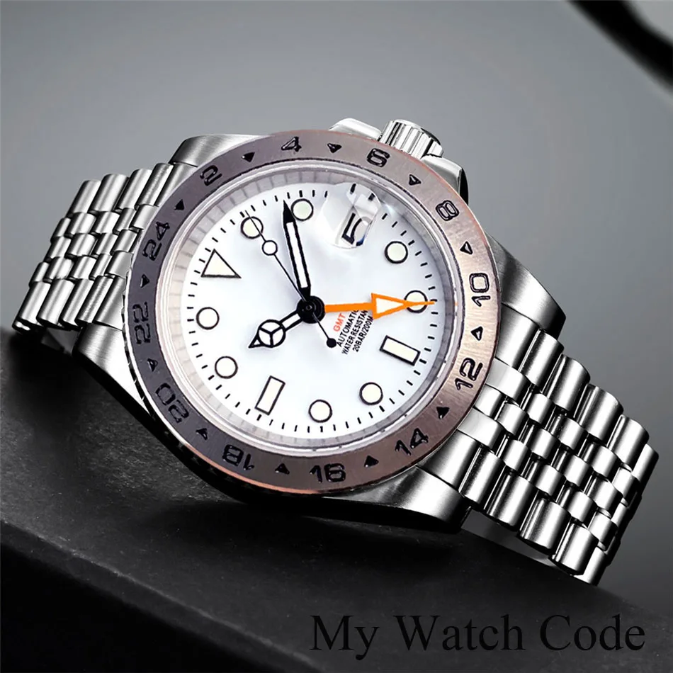 Explore Dual Time NH34 Orange GMT Mechanical Watch for Men Fixed Steel Bezel White Business Clock Sapphire Date 904L Bracelet