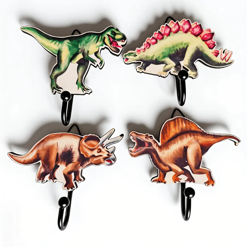 4pcs wooden wall hooks with a dinosaur theme, suitable for rooms. They are ideal for hanging coats and add decorative touches 