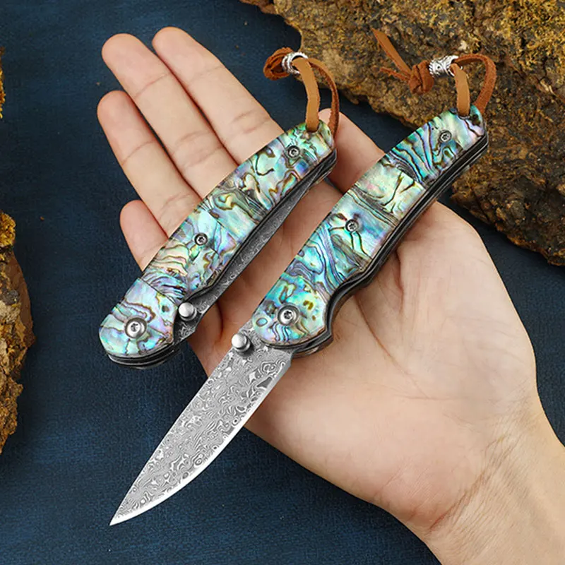 Folding Knife Damascus Steel Color Shell Folding Knife Outdoor Pocket Knife Mini Carry Military Knife Camping Defense Knife