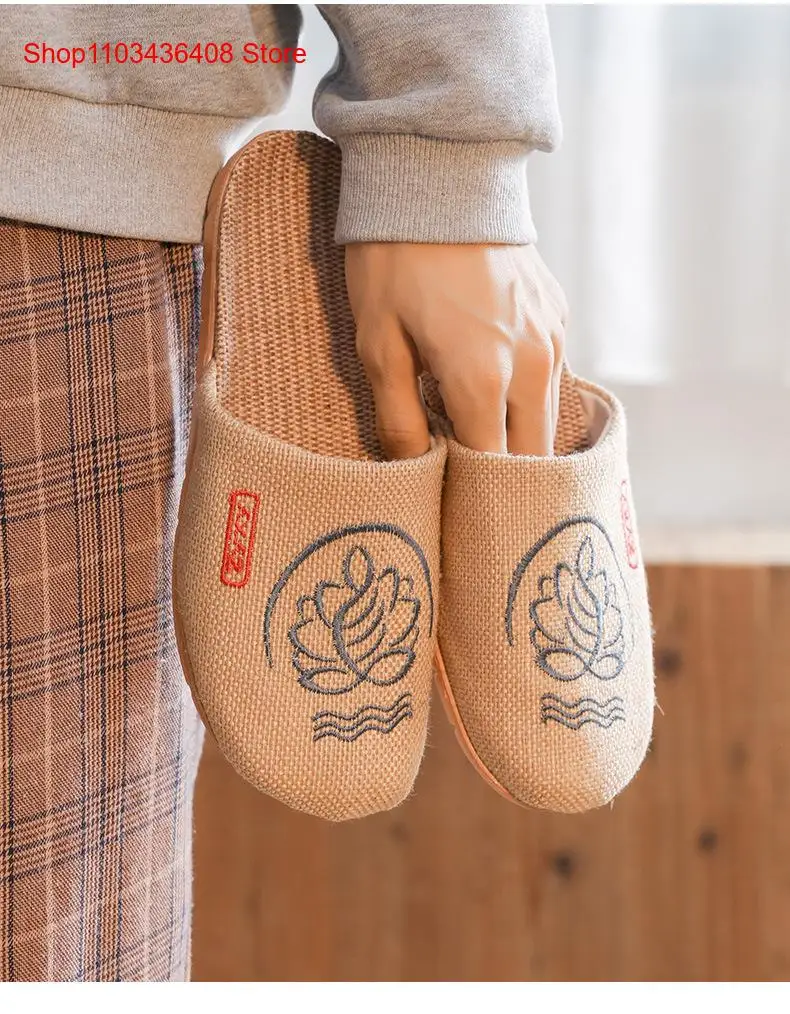 Linen Slippers Men and Women Baotou Cotton Linen Thick Bottom Embroidered Comfortable Couple Sweat Absorbing Floor Home