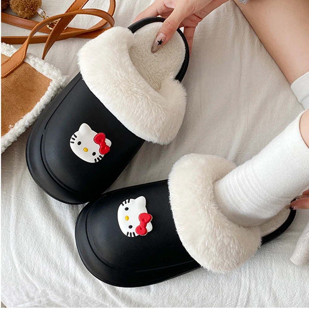 

Новинка 2025, женские хлопковые тапочки Hellokitty, зимние Sanrio, съемные водонепроницаемые нескользящие домашние теплые хлопковые тапочки с толстой подошвой