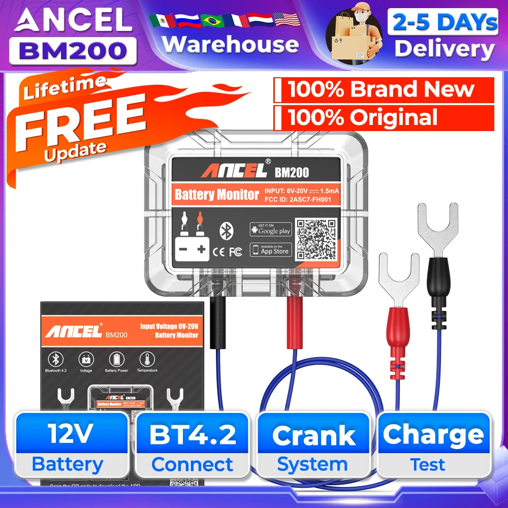

ANCEL BM200 Wireless Bluetooth 4.2 12V Battery Monitor Car Battery Health Monitoring Battery Tester For Android IOS APP