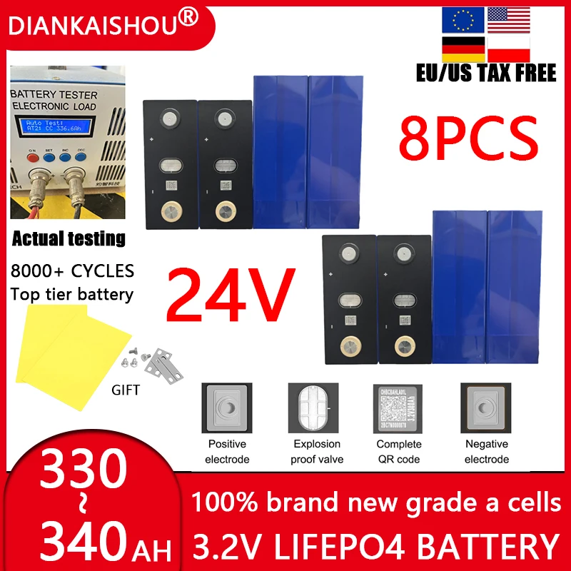 

8PCS Grade A 340AH Lifepo4 Battery 3.2V DIY 12V 24V Lithium iron phosphate Cell Rechargeable golf cart batteri For RV EV Camping