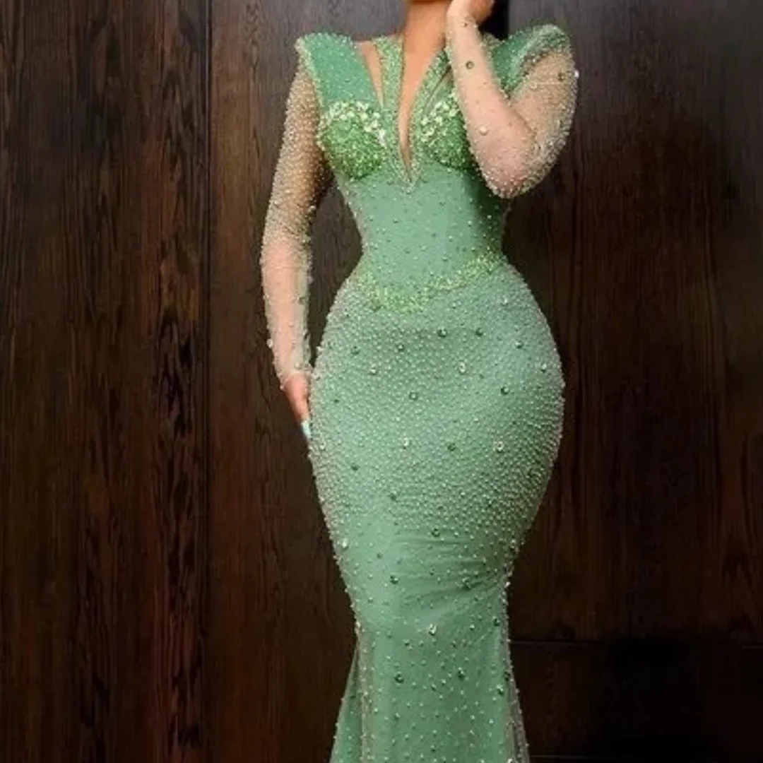Zeemeermin lange mouwen kristallen formele feestjurk galajurken voor zwarte meisjes groene Afrikaanse avondjurken op maat