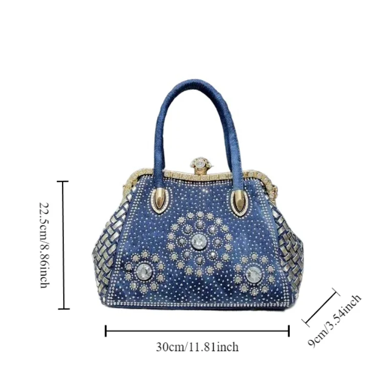 Sac à bandoulière en denim tissé nickel é pour femme, sac fourre-tout diamant, mode initiée, grande capacité