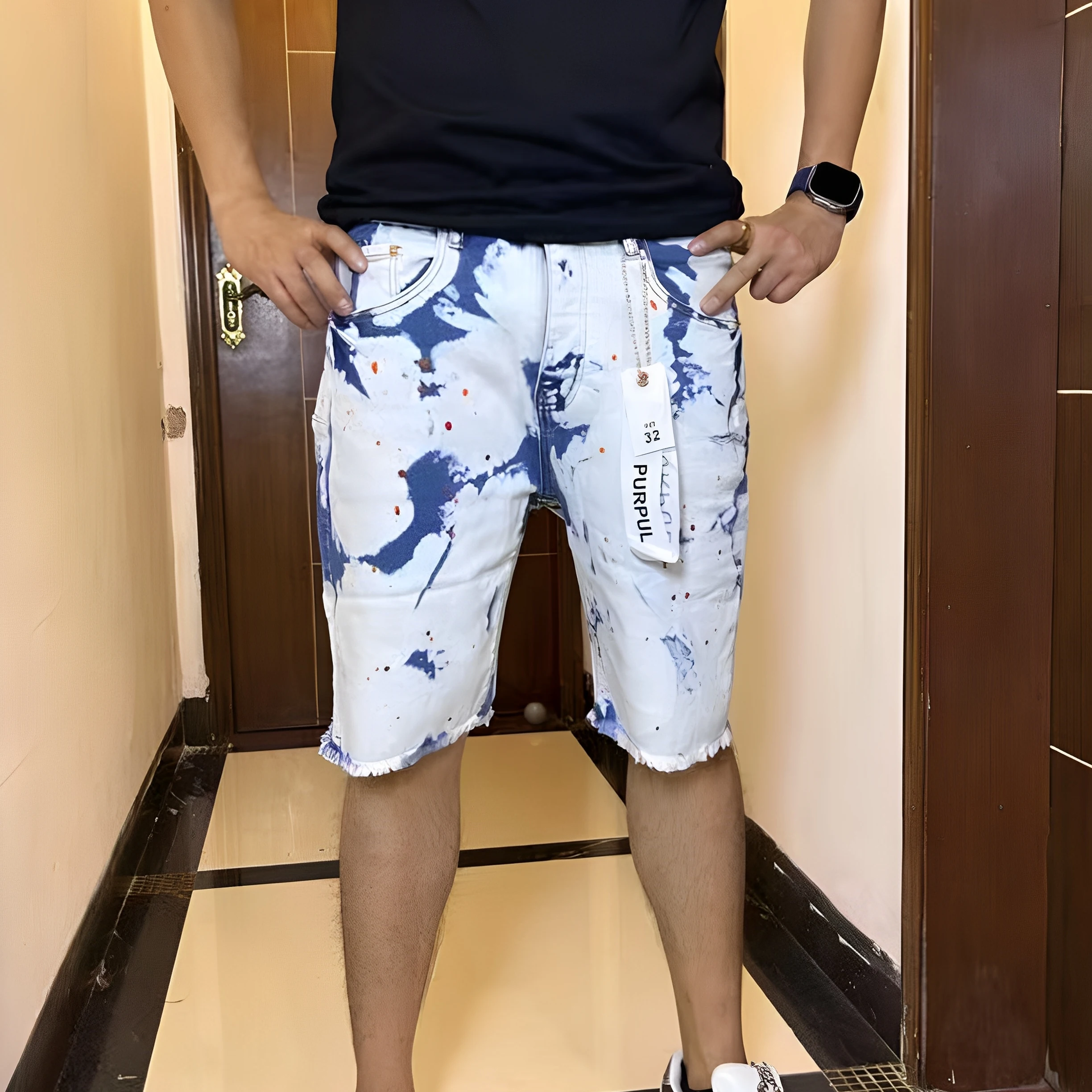 

Blue White Cow Denim orts Faded Punching Flower Crossbord Elastic Men's Pants mid Waist Cotton Stretch Jeans Youth Casual S...