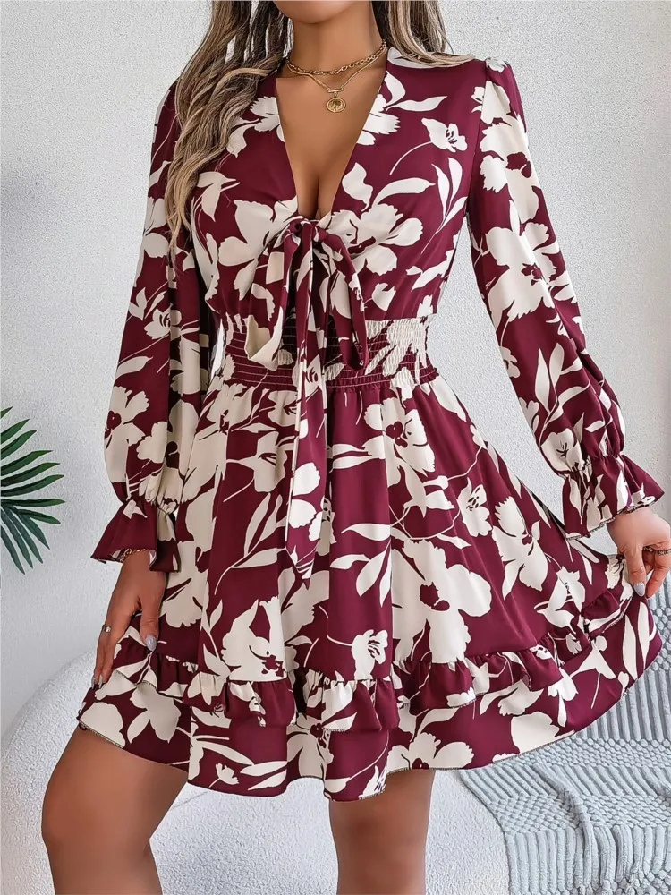 

2025 Autumn Dress Elegant Flower Printed Dress V Neck Long Sleeved Mini Dresses For Women Fashion Commuting Vestidos Para Mujer