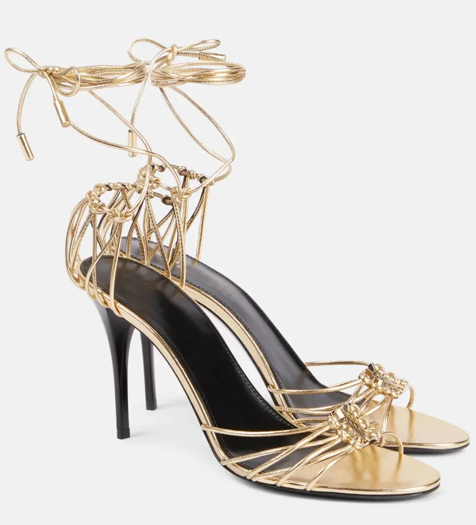 

Elegant Design Babylone Leather Sandals Shoes Round Open Toe Lace-up Ankle Straps Knotted Stiletto Heel Cassandre Bronze-tone Me