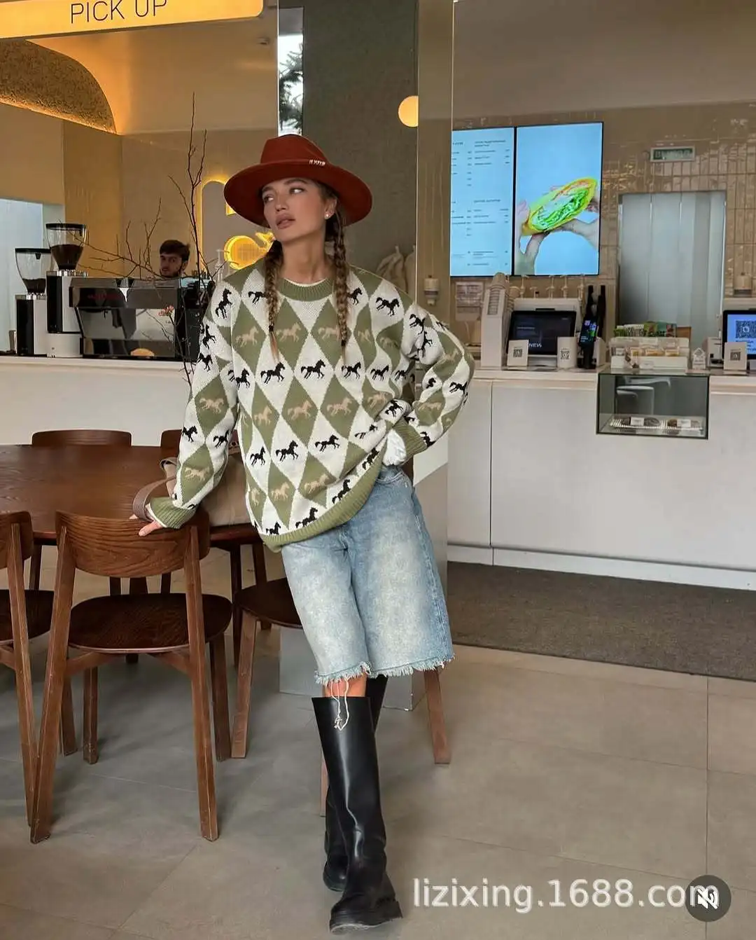 Female Spring Autumn Lady All-matching Knitwear Coat Casual Print Knit Sweater Loose O-neck Long Sleeve Thick Warm Pullover