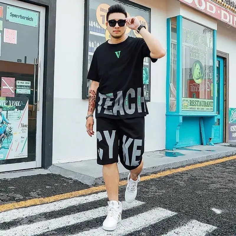 Sports Suits Kpop Tracksuit Alphabet Men\'s Clothing Print T Shirt Man Black Shorts Sets Sportswear Top Summer Polyester Cotton