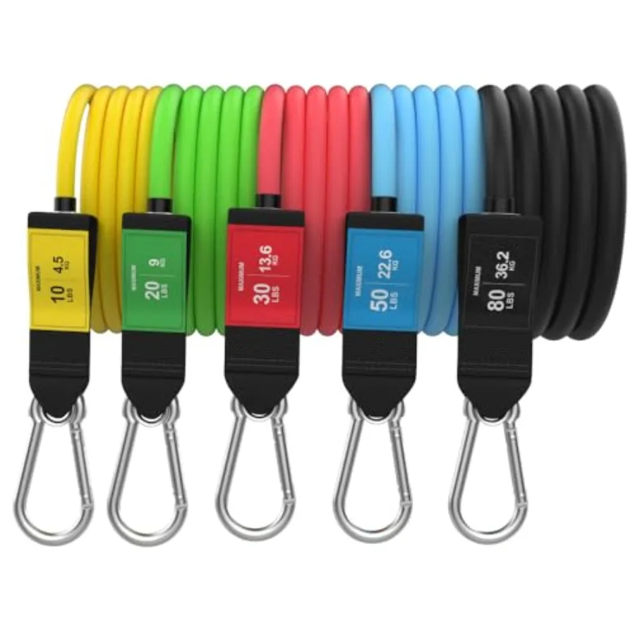 Stackable Resistance Bands for Home Gym Workout - 5-Piece Set with Malaysian Latex Bands and Nickel Coated Iron Clips - 190 Lb