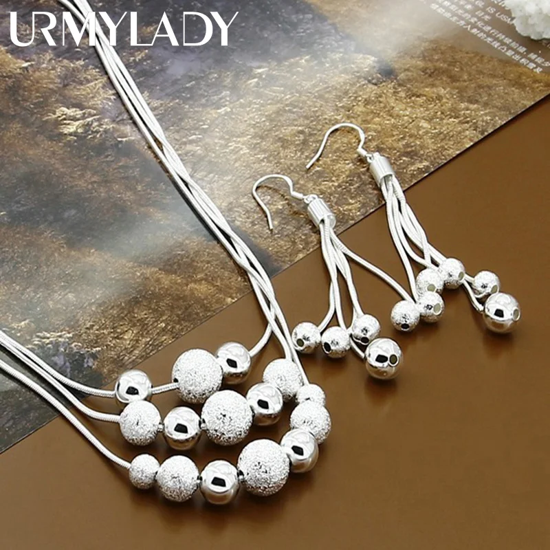 

URMYLADY 925 Sterling Silver Smooth Matte Beads Snake Chain Necklace Earring Set For Women Wedding Engagement Fashion Jewelry
