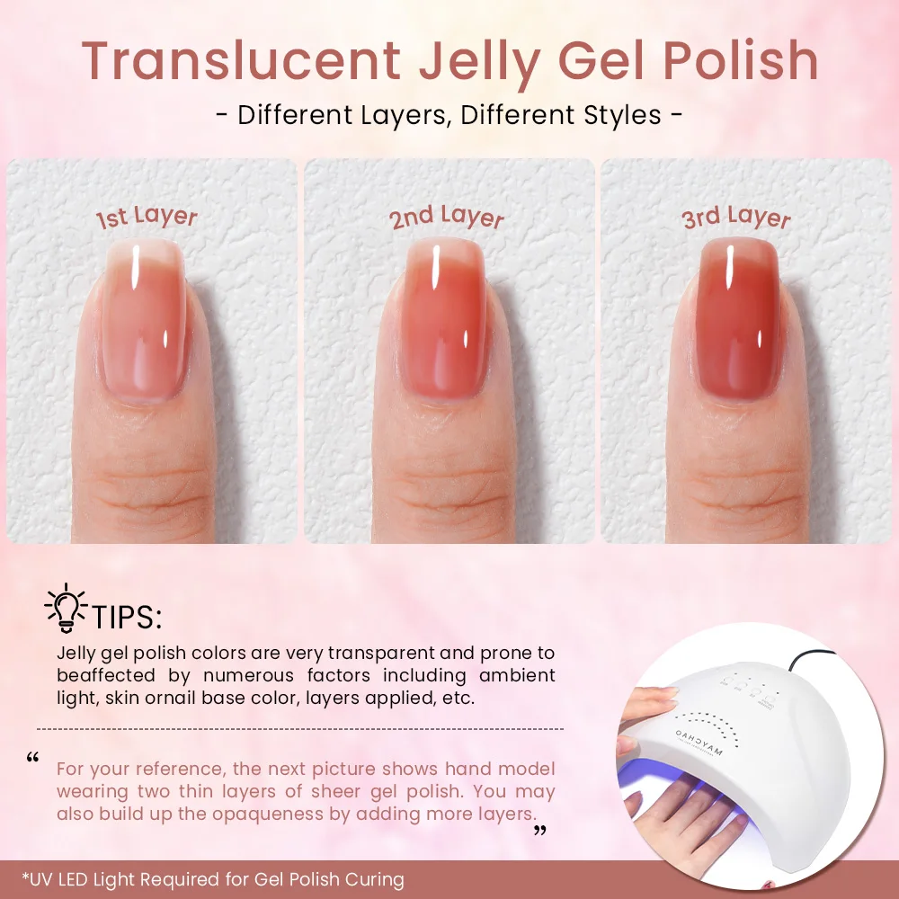 MAYCHAO Jelly Gel Nail Polish 5ML Transparent Nude Gel Polish Sheer Pink Color Soak Off LED Salon DIY at Home Gel Nail Manicure