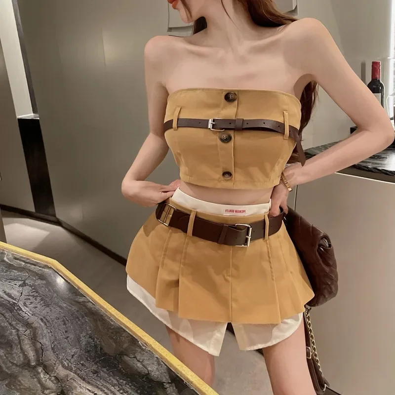 Spicy Girls Busted Pleated Skirt Suit Women Academy Belt Off Shoulder Short Strap High Waist Panel Skirts Summer Two Piece Set