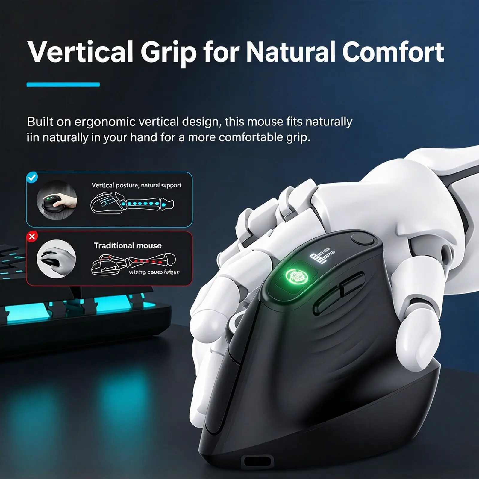 Rechargeable Tri Mode Vertical Ergonomic Mouse Bluetooth 2.4G Type-C Wired OLED Screen 6400DPI Programmable Mouse for PC Laptop