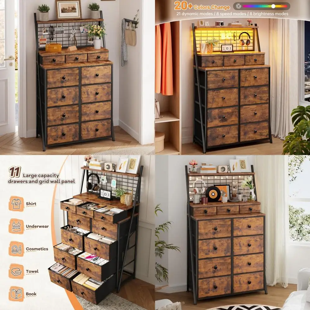 

Деревянный комод со светодиодной подсветкой 51 дюйм для спальни, хранилище с 11 ящиками, проволочными панелями и открытыми полками для прихожих и общежитий.