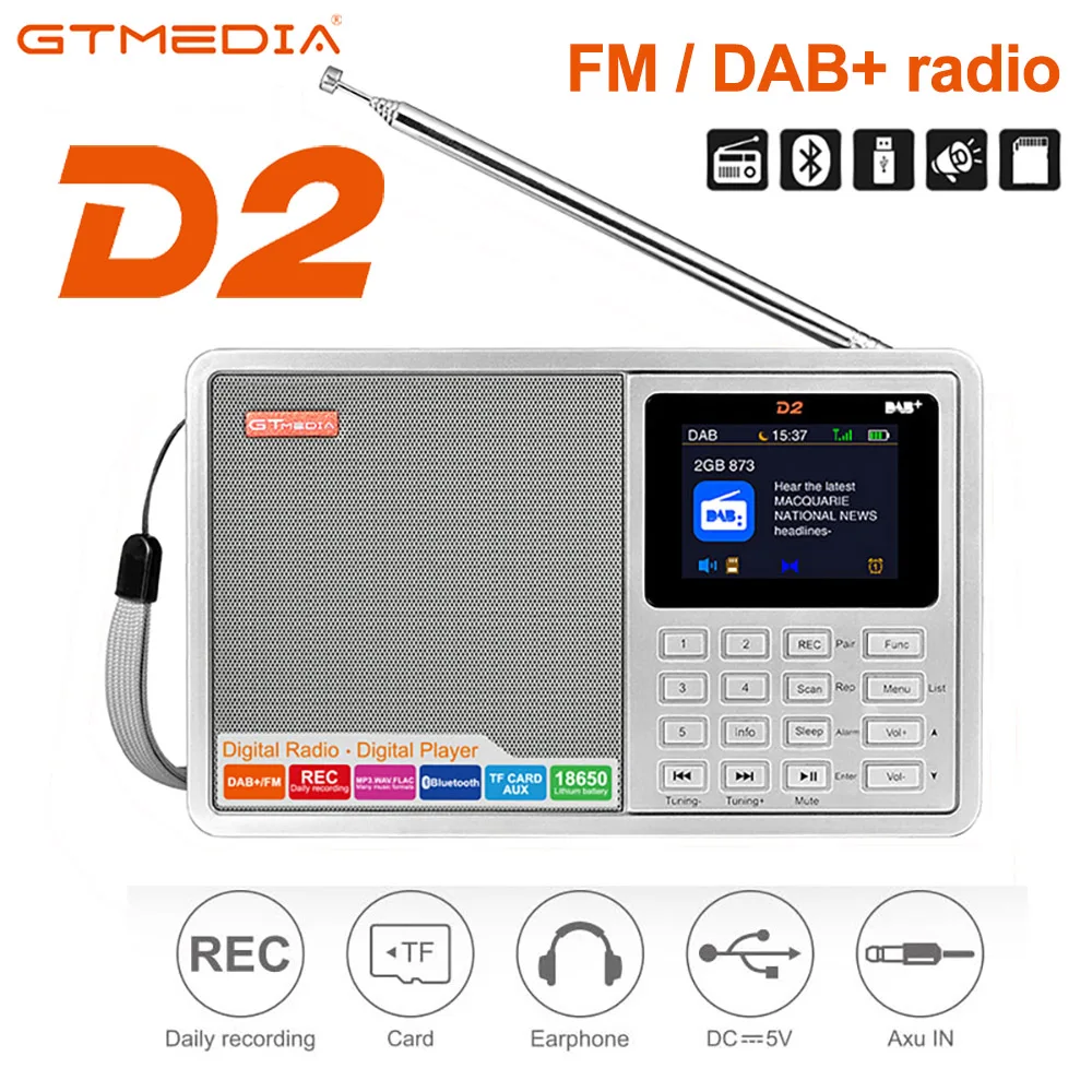 

GTMEDIA D2 FM/DAB+RDS Full Band Portable Radio with Multifunction stereo earphone listening Rechargeable Radio TFT color display