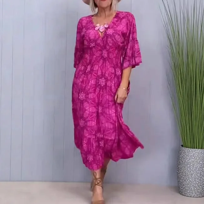 

Fashion Printed Ruffle Elastic Dress Women Casual Loose V-neck Half-sleeved Dress For Women 2025