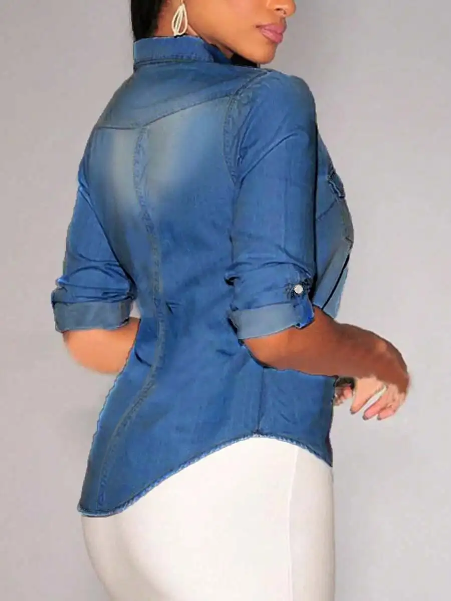 

Slim Fit Women Denim Shirt With Roll-Up Sleeves