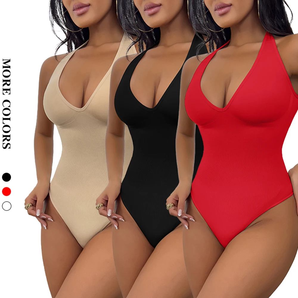 Tummy Control Shapewear Women Backless Top Thongs Bodysuit Seamless Sculpting Body Shaper Halter Deep V Neck Jumpsuits