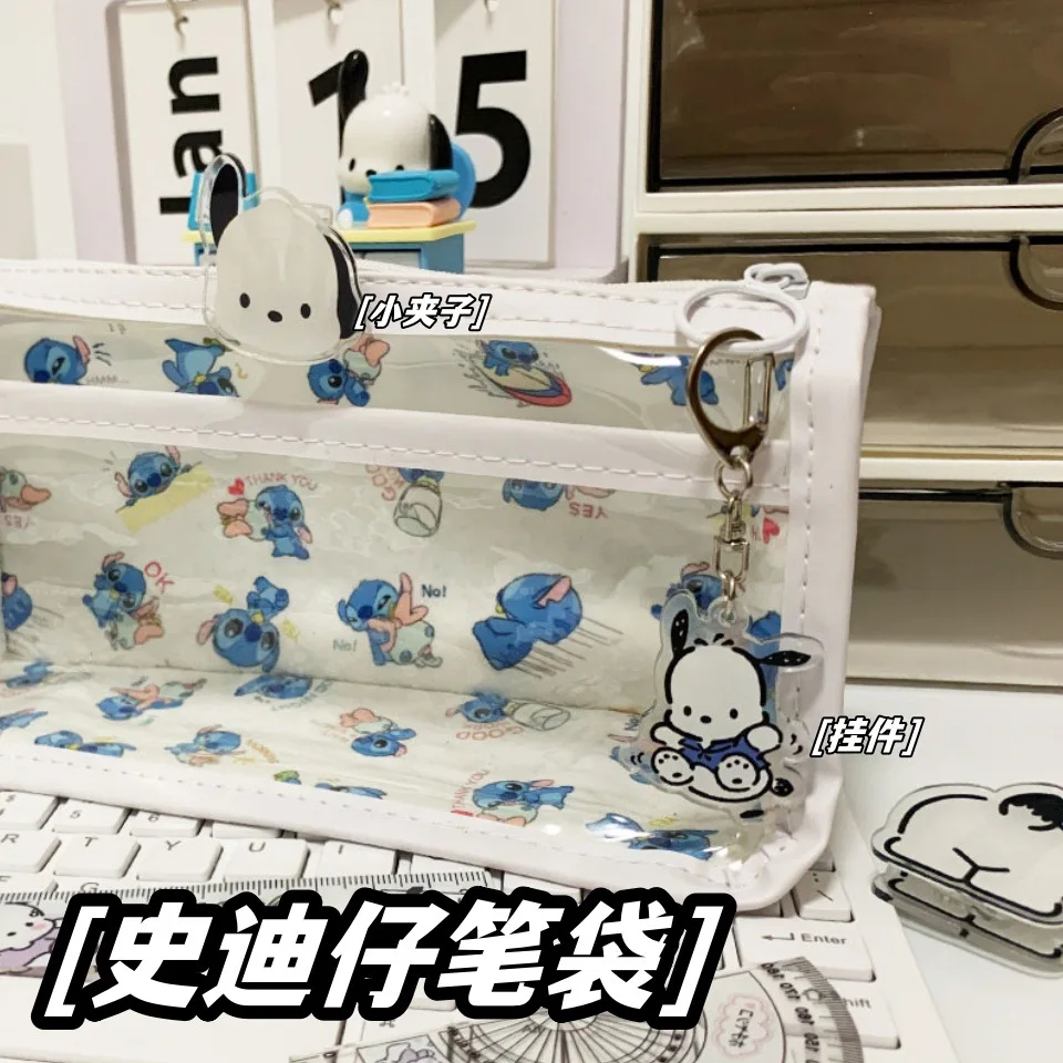 Disney-Stitch Caso Lápis Transparente, Kawaii de Camada Dupla, Grande Capacidade, Bolsa Multi-Funcional, Material Escolar Infantil