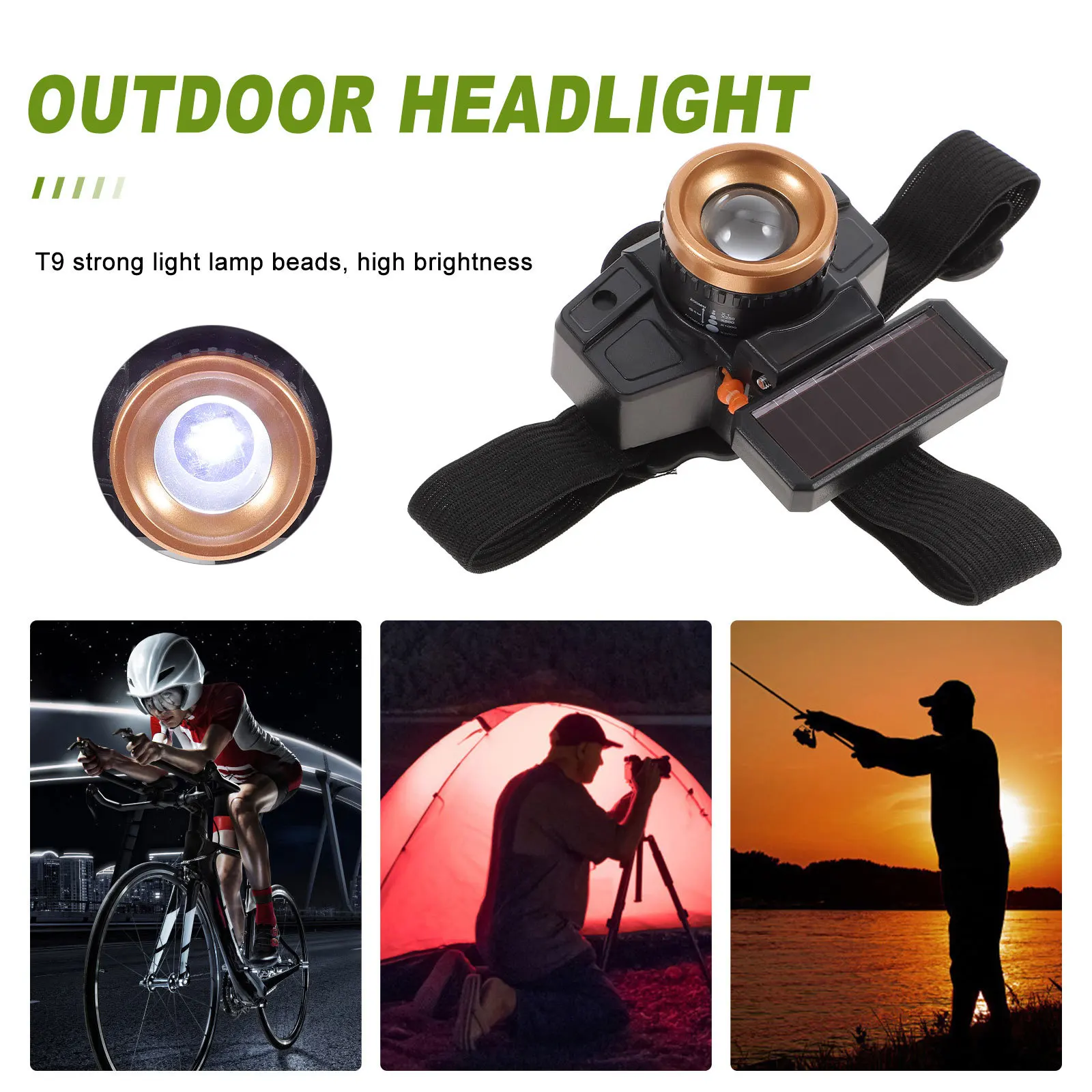 

1 set Outdoor Sensor Headlight T9 High Brightness Led Rechargeable Waterproof 180° Adjustable Solar Usb Flashlight For Fishing