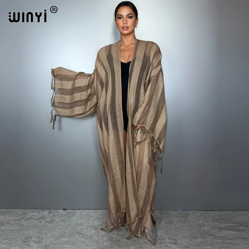 WINYI 着物風アフリカコートファッションカフタンビーチカバーアップフリンジストライプ透かしカーディガンビーチウェア女性用アバヤムスリム