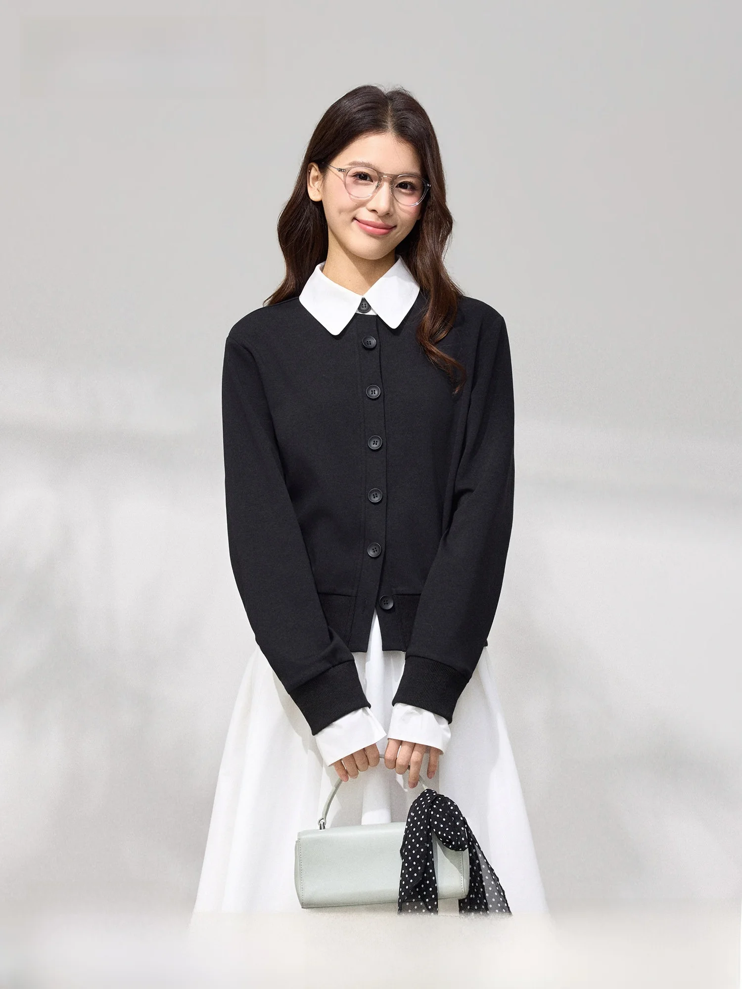 

Black Knitted Jacket Women's Preppy Style Splice Top Coat Spring Season Cotton Blend Long Sleeve Short Length Button Closure