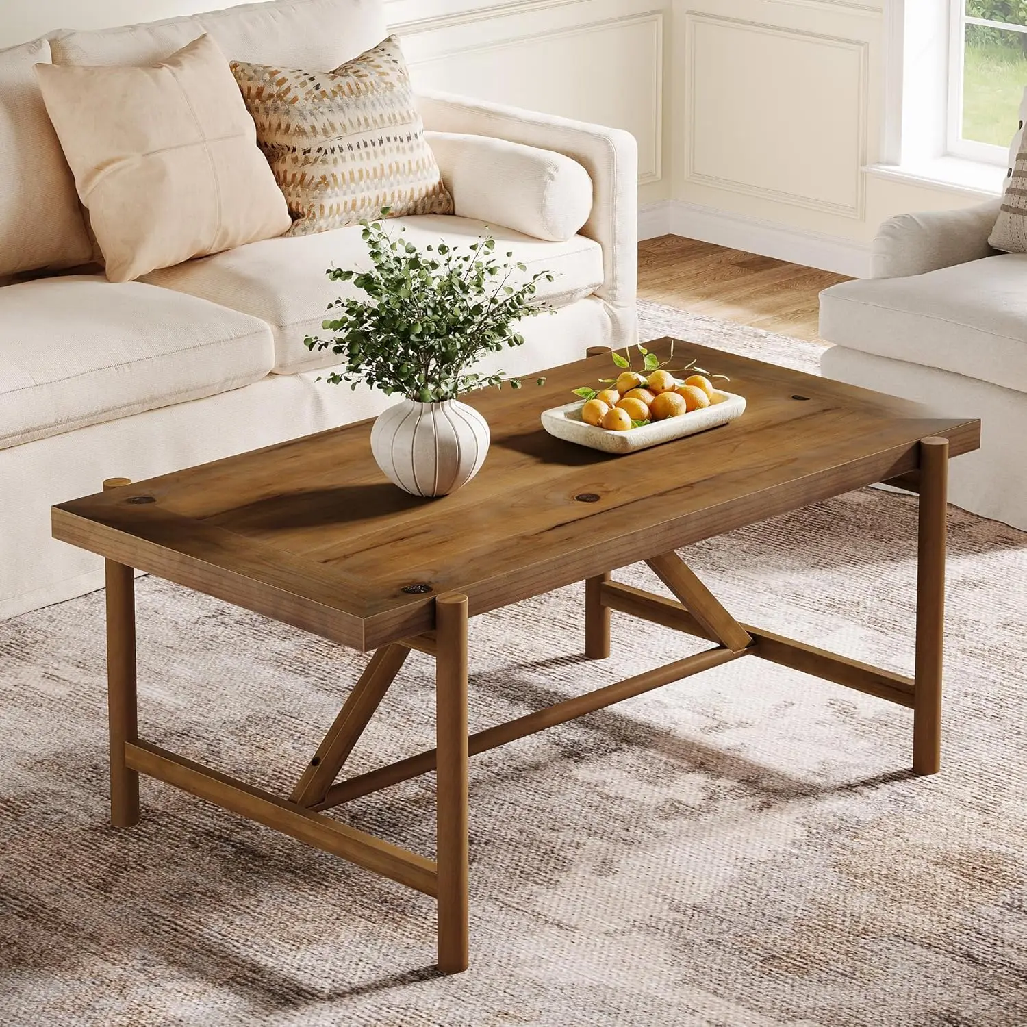 

47-Inch Solid Wood Coffee Table, Modern Farmhouse Rectangular Center Tea Table with Spacious Tabletop and Column Legs