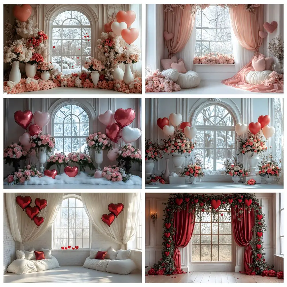 Valentine's Day Room Window Curtain Backdrop Flowers Love Heart Balloons Couple Portrait Party Wall Decor Photography Background