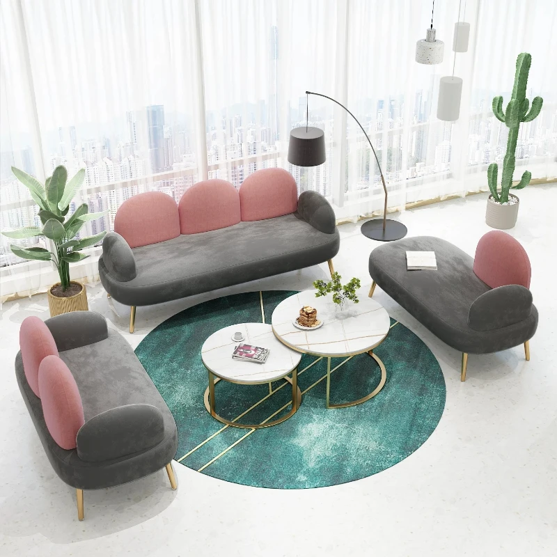 Simple one-word sofa coffee table combination fabric living room reception beauty salon leisure creative three two clothing