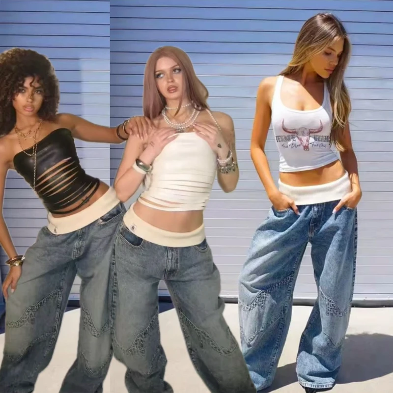 

European and American four-season fashion elastic jeans hip-hop gothic splicing retro casual pants women's personalized version