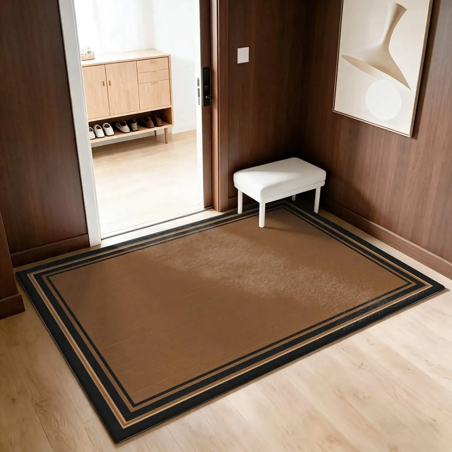 1Pc 2D Printed Nordic Minimalist Geometric Carpet with Brown Border, Machine Washable, Multi-Size, Suitable for Home Decor as a Door Mat, Dining/Living/Bedroom Rug