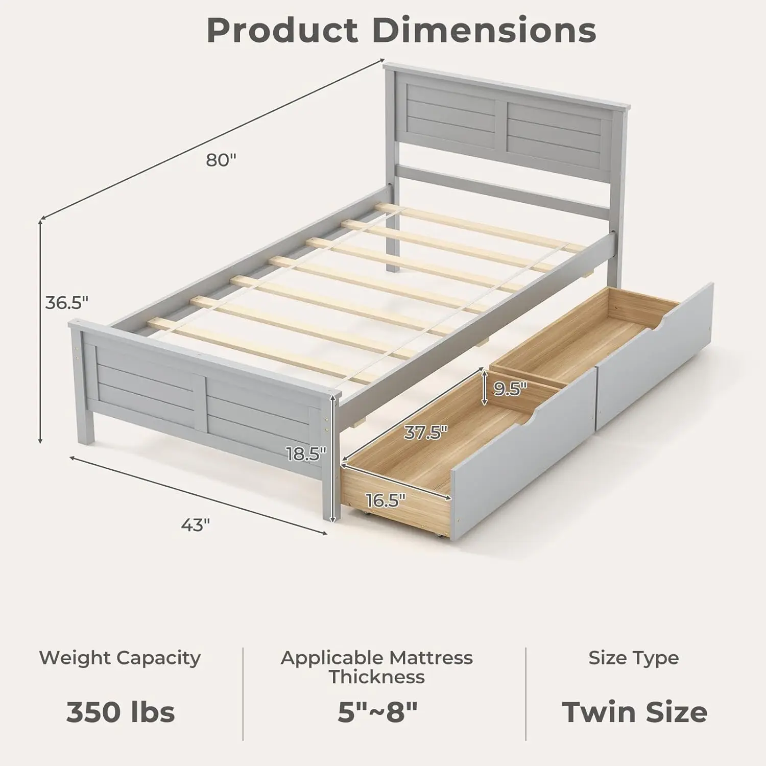 Tempat tidur kembar kayu dengan 2 laci penyimpanan, tempat tidur Platform kayu Solid dengan sandaran kepala, bilah kayu mendukung alas kasur, tanpa semprotan