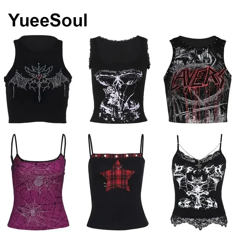 2024 Gothic Women Crop Top Skeleton Printed Black Corset Tops Sexy Aesthetic Grunge Fairy Core 90s Camisole Y2K Clothes