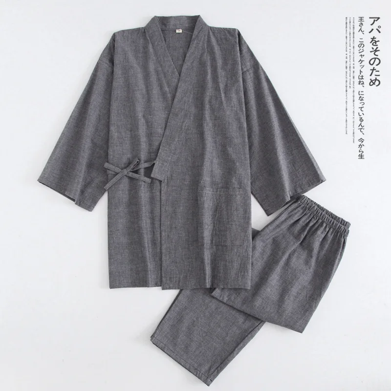 New Water-washed Cotton Thin Pure Color Pajama Set V-Neck Spring Sleepwear Men and Women Japanese Lovers Kimono Home Clothes