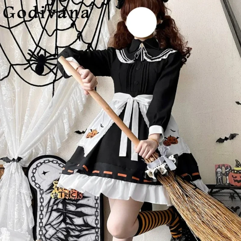 Halloween Lolita Long Sleeve High Waist Black Cute Dress Girl Versatile Age Reduction Fun A-line Embroidered Dresses Cloak Sets