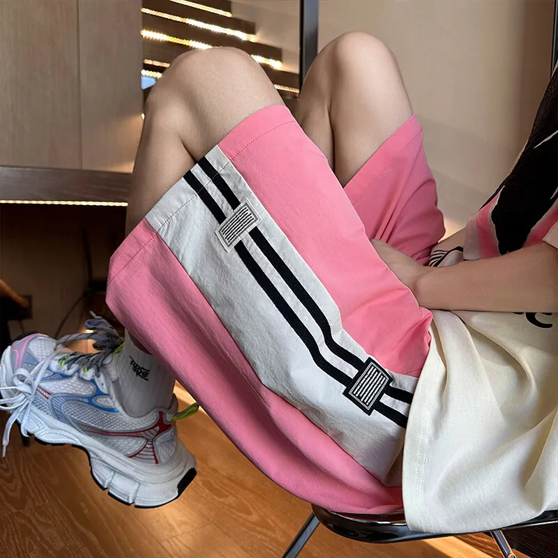 

Trendy Thin Casual Mid-Length Five-Part Loose Summer Striped Baskeall orts for Teenagers Polyester Fiber Outdoor Wear