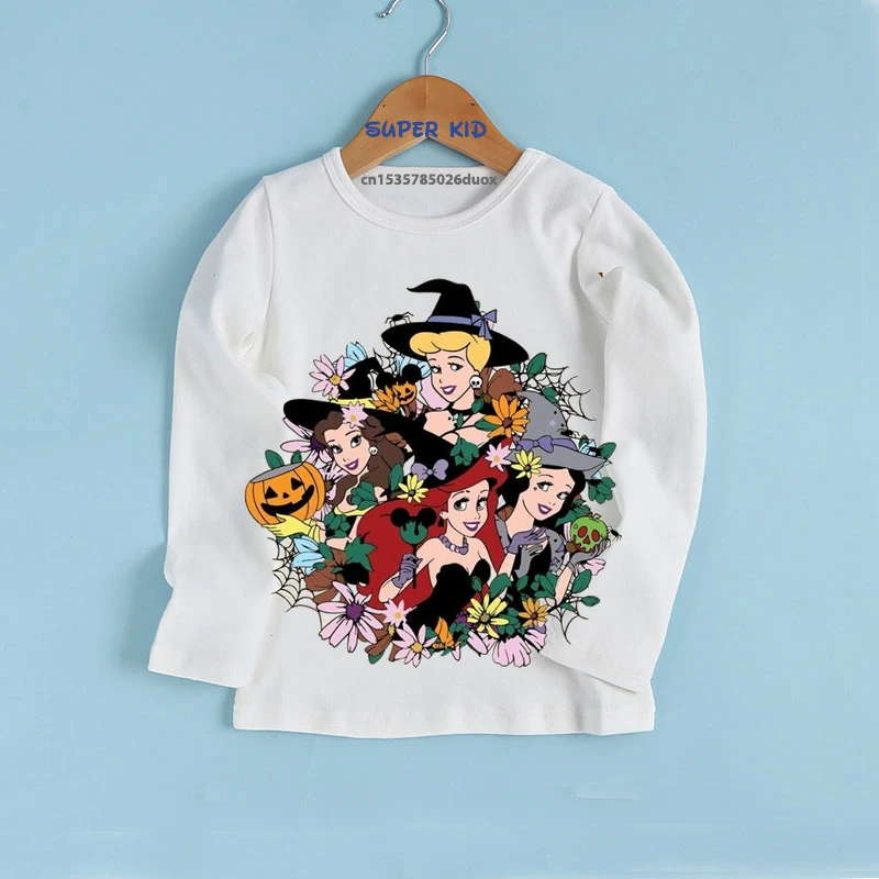 

Kid Happy Halloween Princess Belle Ariel Long Sleeve Tshirt Halloween Princess with Mouse Ear Kawaii Autumn Bottoming Girl Shirt