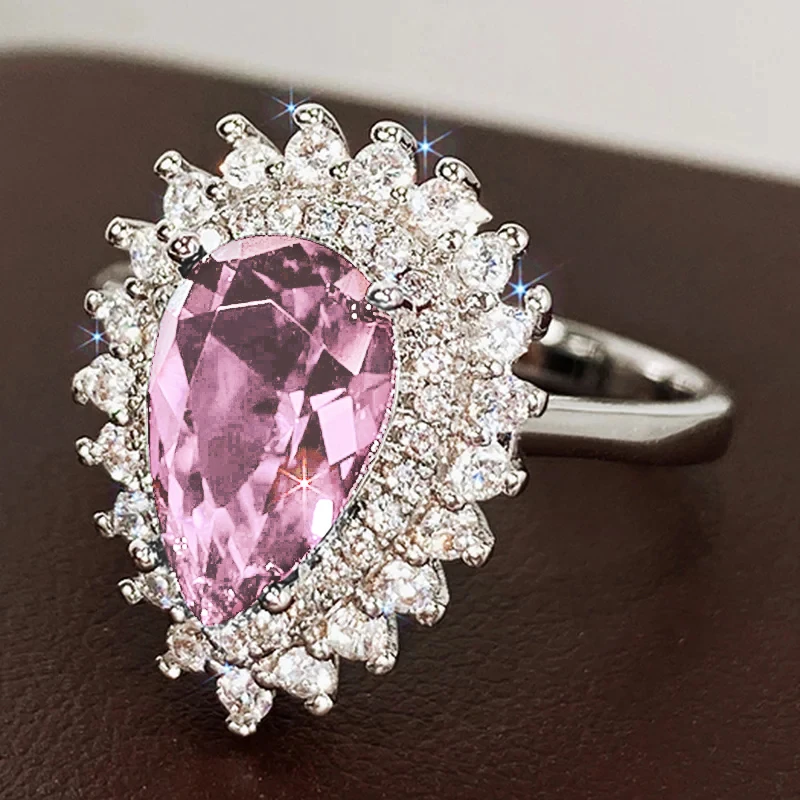 Huitan Waterdrop Cubic Zirconia Women Rings Luxury Green/Blue/Crystal/Pink Pear Rings Engagement Wedding Elegant Female Jewelry