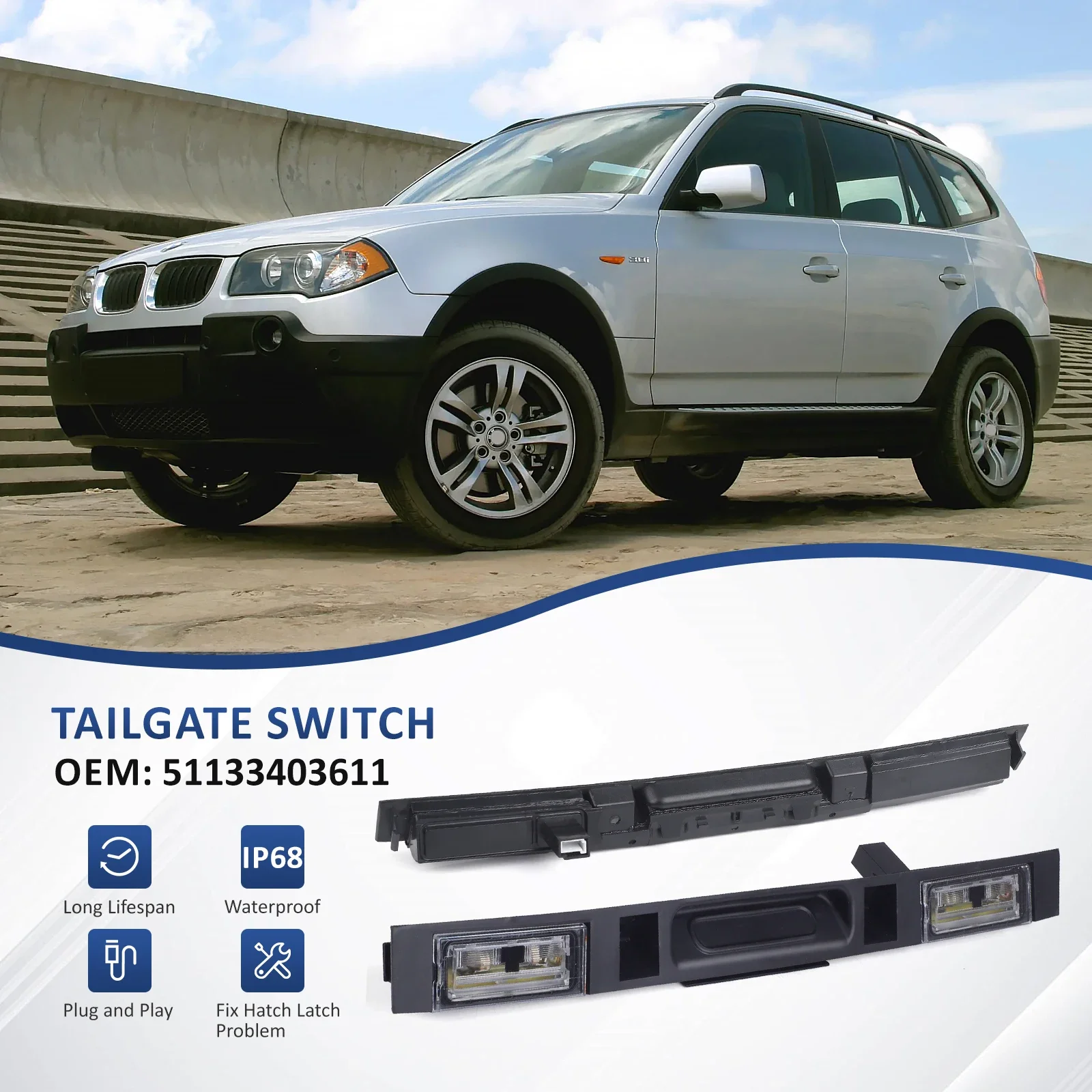 لسيارات BMW E83 X3 2004-2010 مجموعة مفاتيح الباب الخلفي للسيارة السوداء OE 51133403611 بجولة التمهيد غطاء صندوق السيارة مقبض خلفي مع زر مفتاح #5