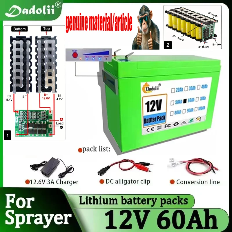 12V 60Ah NEW Sprayers Built-In High Current 30A BMS 18650 Lithium Battery Pack For Electric Vehicle Batterie 12.6V Charger