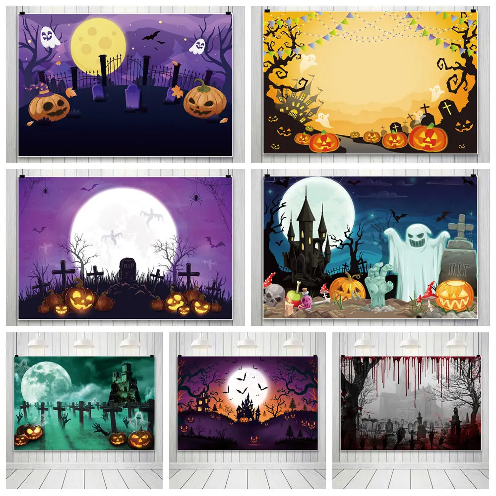 

Halloween Photography Background Pumpkin Lantern Cemetery Witch Curses Grim Ghost Backdrop Customizable Photography Accessories