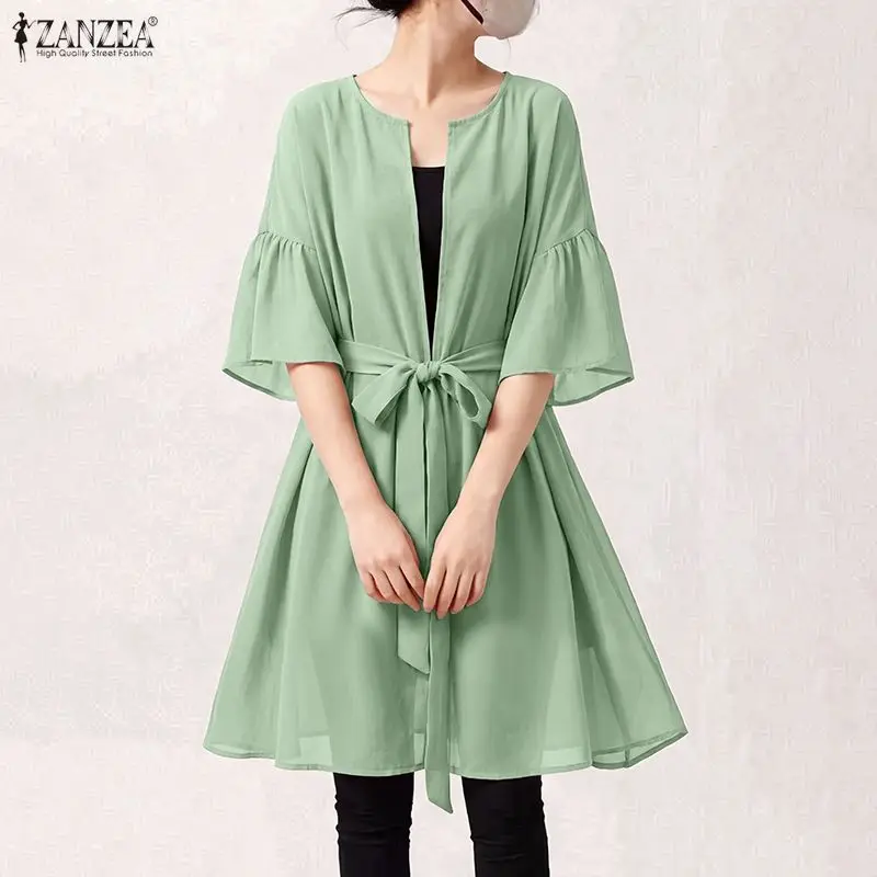 ZANZEA Women Chiffon Cardigan 3/4 Flare Sleeve Lace-Up Tops Kimono Elegant Casual Holiday Beach Cover Up Solid Summer Outerwear