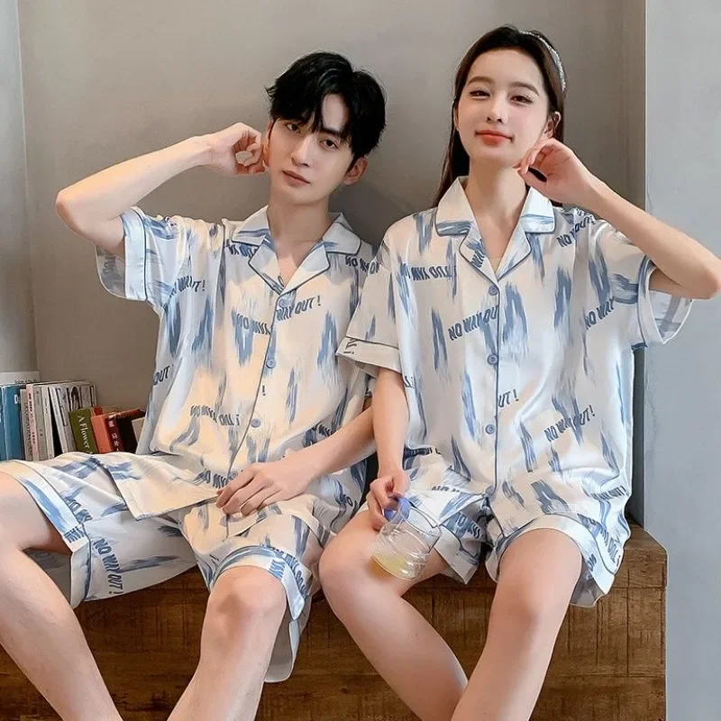 

Summer Couple Pajamas Sets Short Sleeve Cardigan Shorts Two Piece Loungewear Sleepwear Silk Print Nightwear High-end Lounge Set