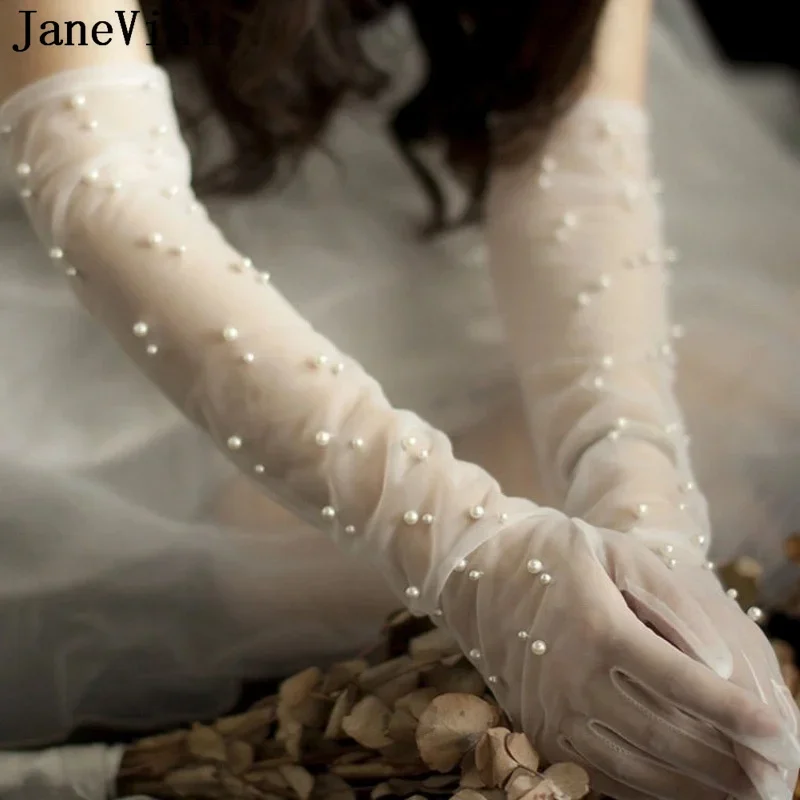 JaneVini Elegant 50CM Long Bridal Gloves Sheer Tulle Ivory Pearls Fingerless Arm Sleeves Wedding Gloves for Bride Guantes Largos