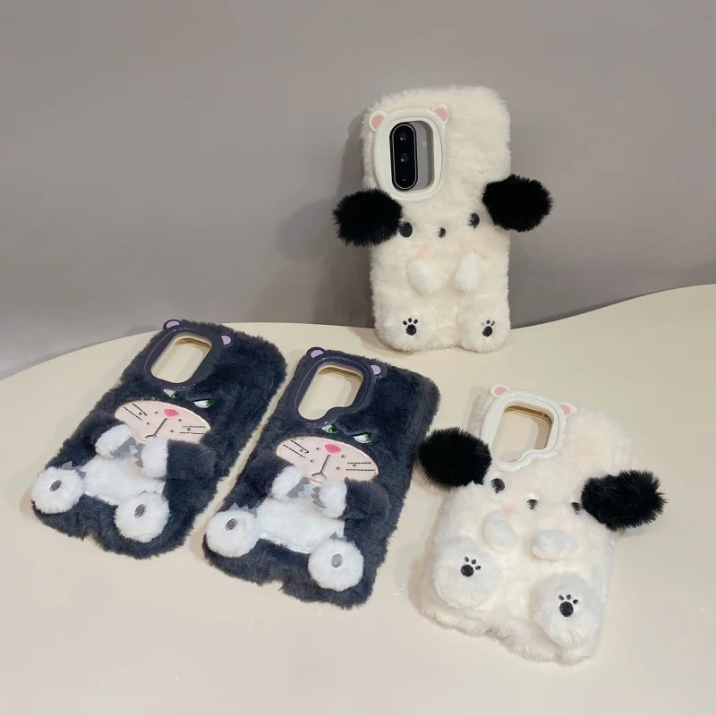 Kawaii Ins 3D Plush Cat Puppy Phone Case for Samsung S23 S24 S25 S26 Ultra Plus Cartoon Cute Embroidery Animal Furry Soft Cover