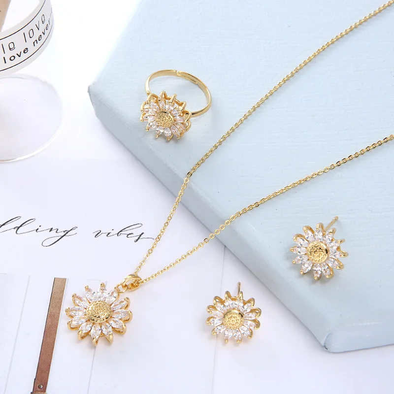 

Net Red Crystal Daisy Flower Earrings Ring Necklace Set Earrings Accessories Copper Plated 18K Gold Microinset Zircon Jewelry