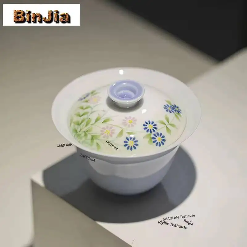 105ml Hand Drawn Wild Chrysanthemum Gaiwan Vintage Tea Tureen Tea Bowl With Lid Kit Tea Brewing Cover Bowl Tableware Gift Craft